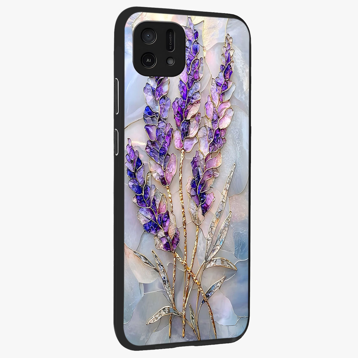 Lavender Dream Glow Glass Case upright view showcasing radiant lavender glow artwork with calming dreamy theme.