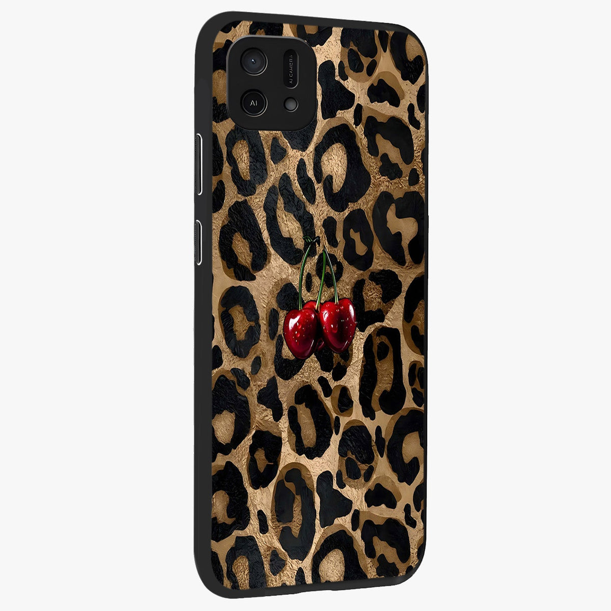 Leopard Wild Cherry Glass Case upright view showcasing stylish leopard pattern artwork with trendy fashion theme.