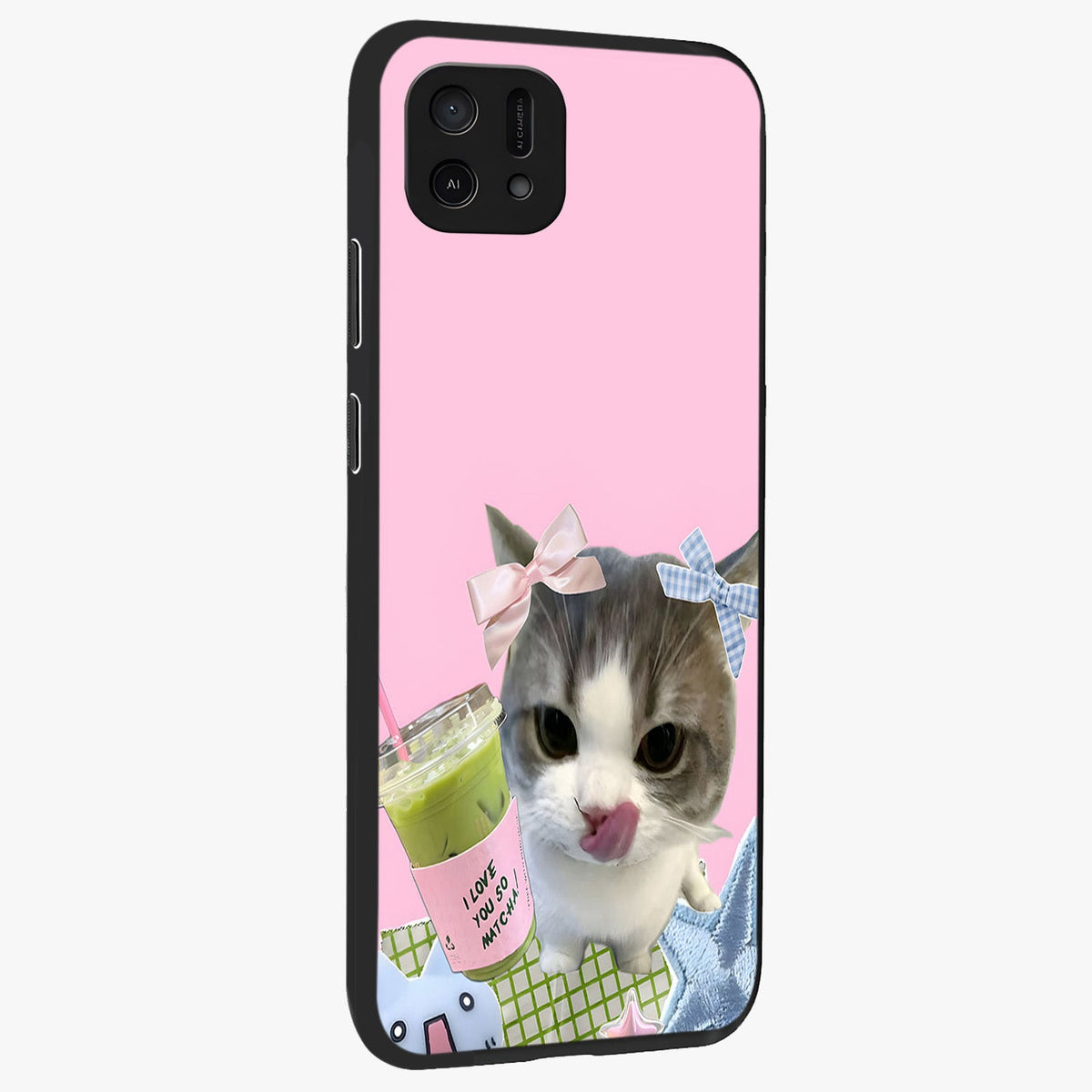 Love Matcha Cat Glass Case upright view showcasing adorable cat artwork with charming matcha themed design.