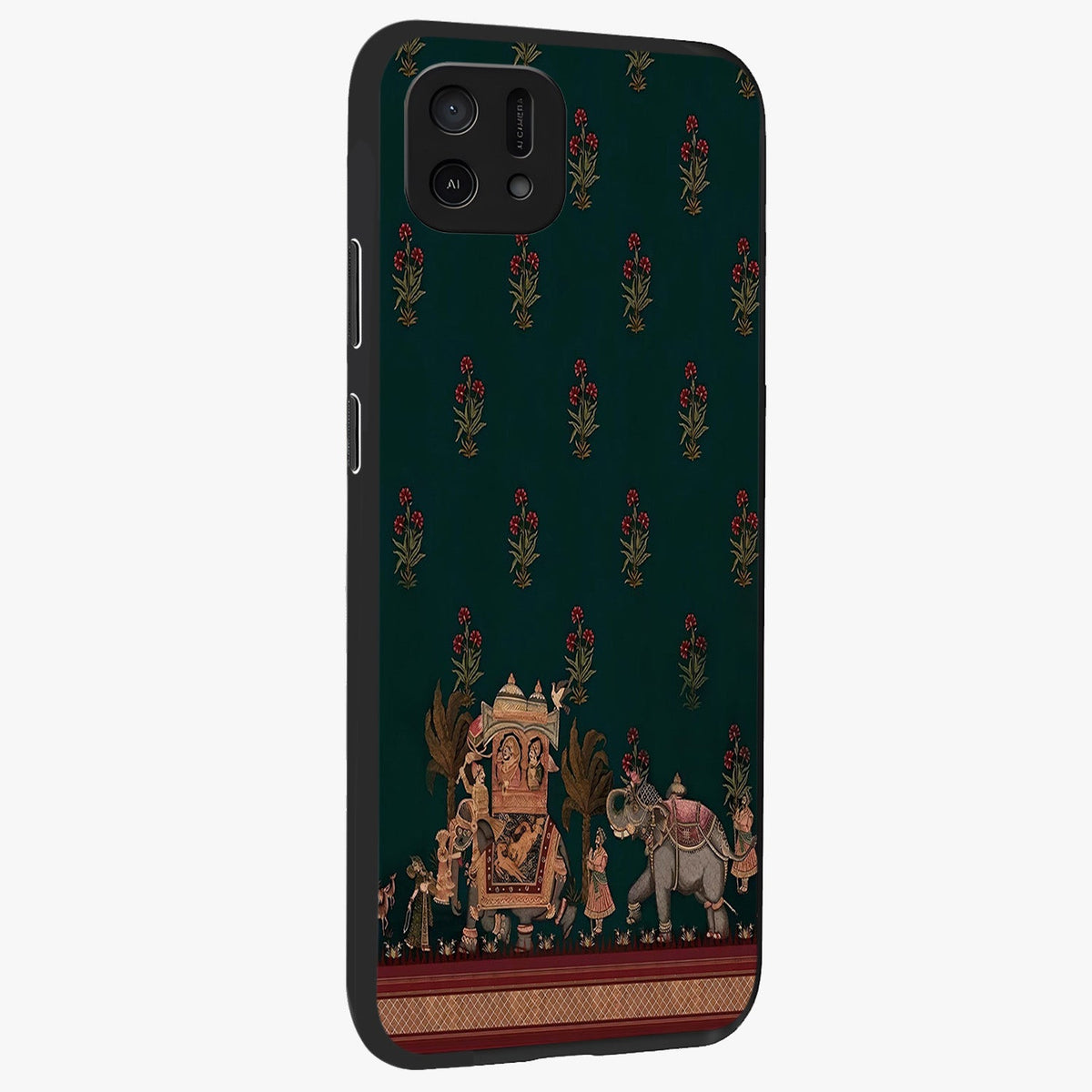 Macmerise Glass Case upright view showcasing bold artistic artwork with contemporary design theme.