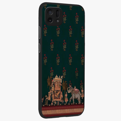 Macmerise Glass Case upright view showcasing bold artistic artwork with contemporary design theme.