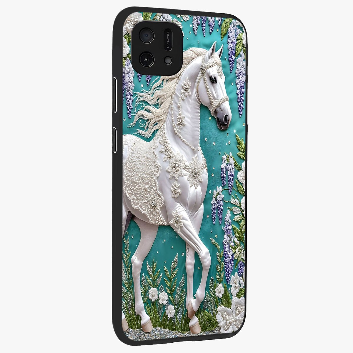 Majestic Floral Stallion Glass Case upright view showcasing dramatic horse artwork with decorative floral theme.