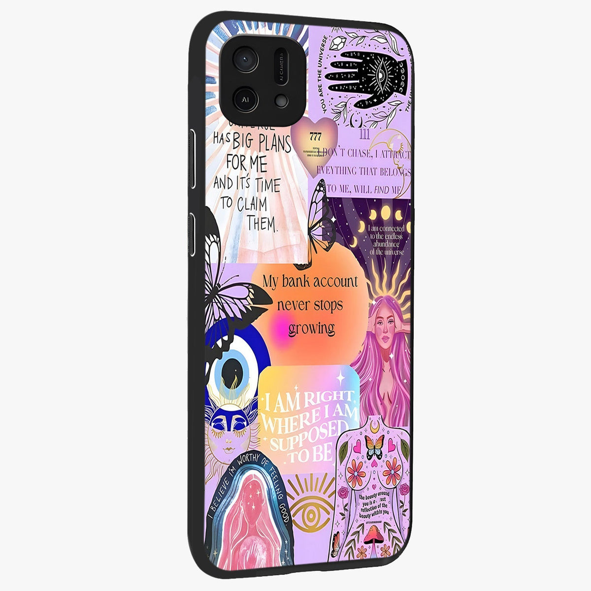 Manifestation Collage Glass Case upright view showcasing artistic manifestation themed artwork with creative style.