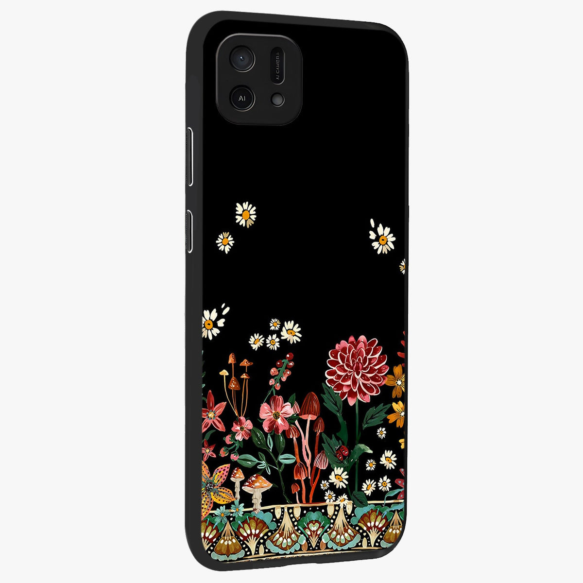 Midnight Bloom Pattern Glass Case upright view showcasing decorative floral artwork with deep night themed palette.
