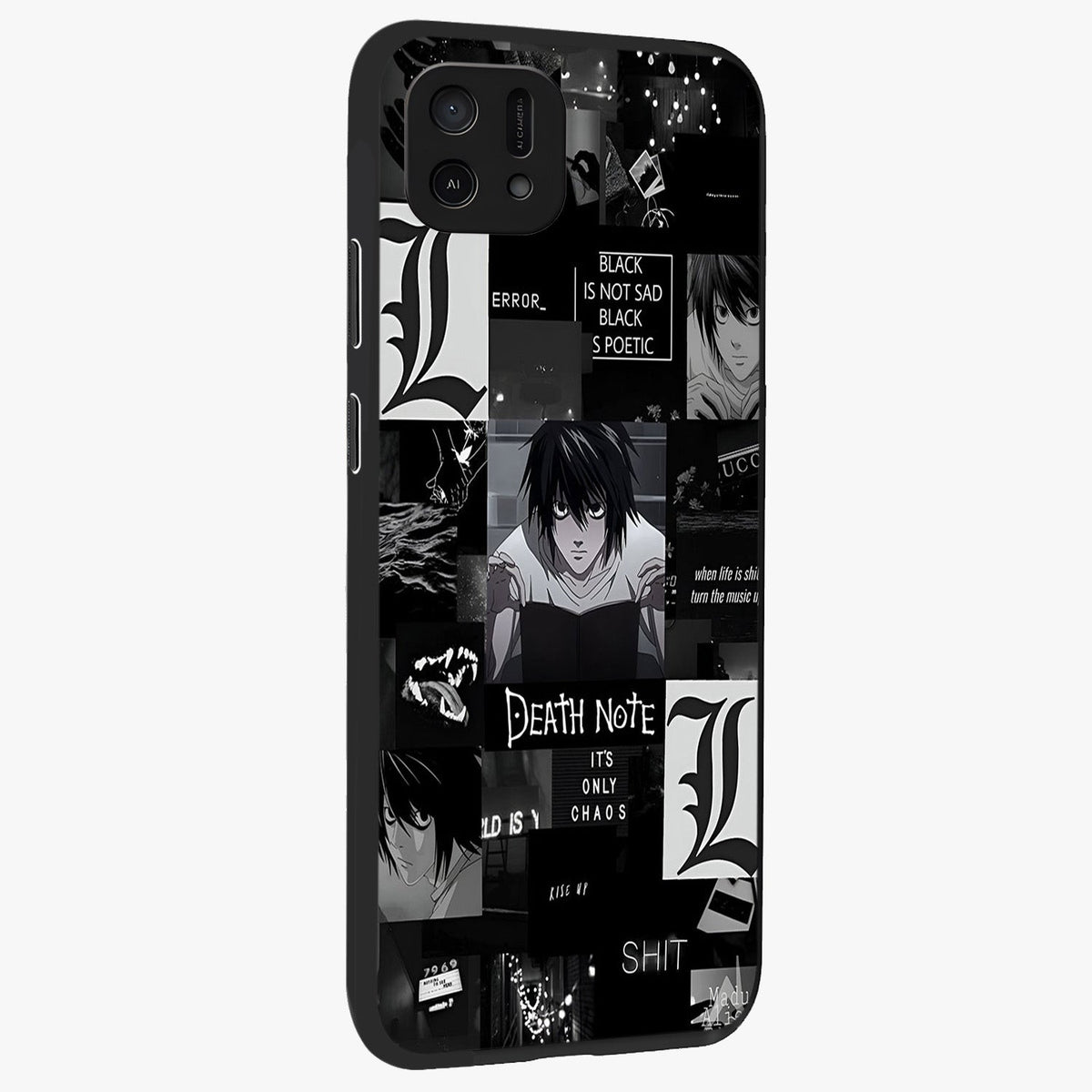 Midnight Chaos Mind Glass Case upright view showcasing expressive abstract artwork with bold dark theme.