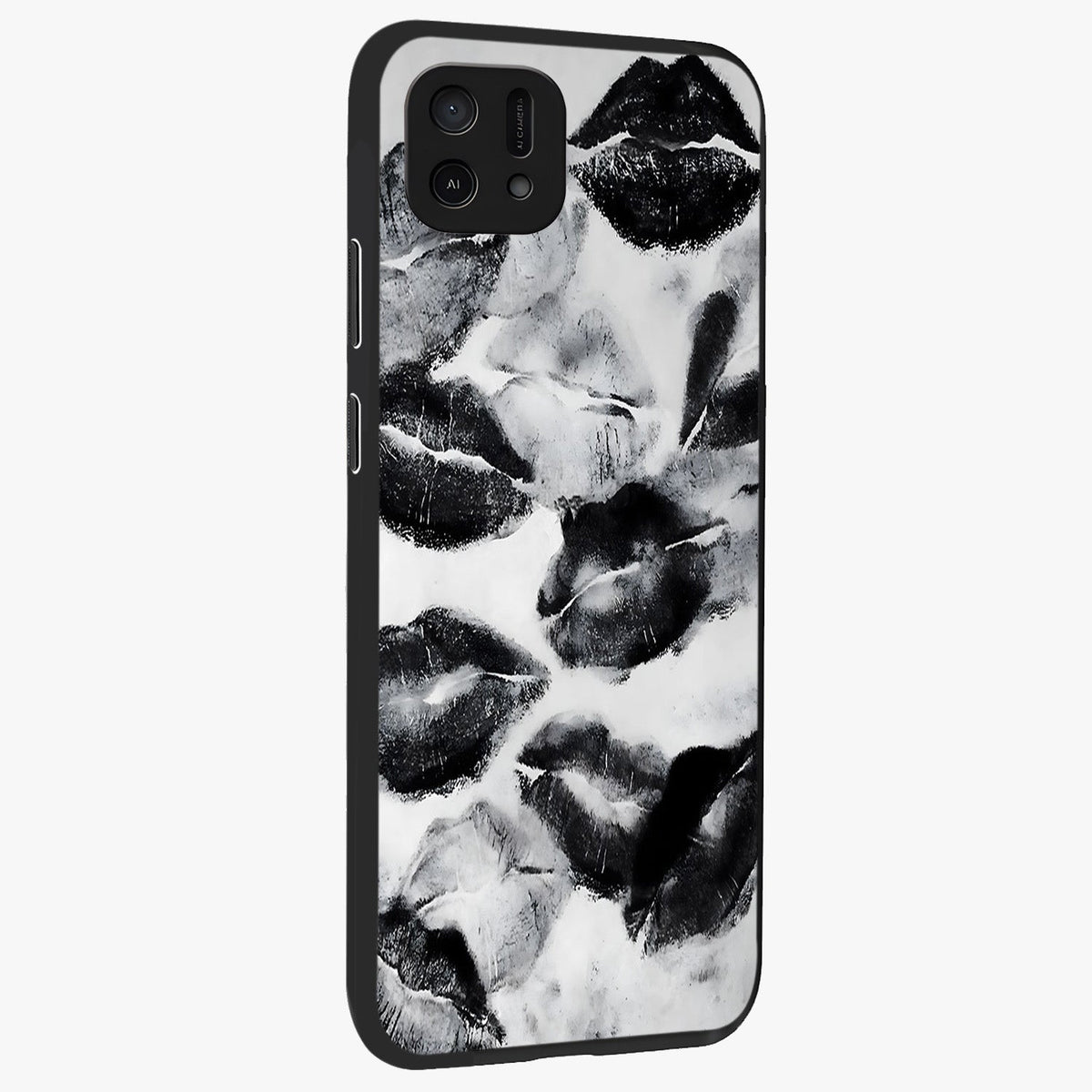 Midnight Kiss Marks Glass Case upright view showcasing stylish kiss mark artwork with trendy romantic theme.