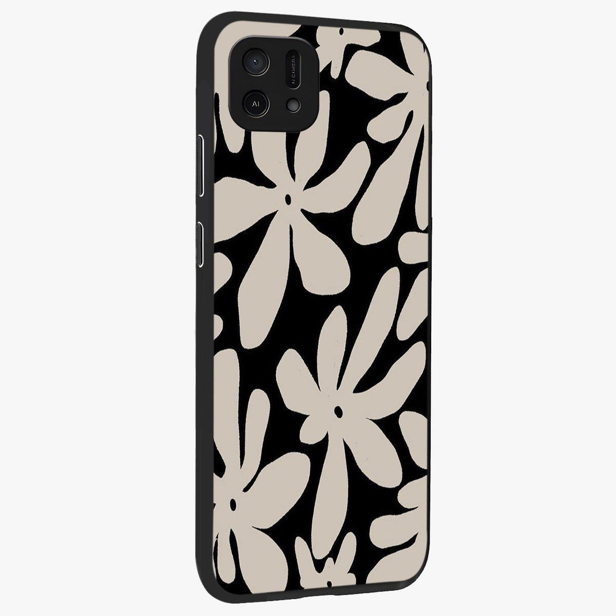 Monochrome Petal Dance Glass Case upright view showcasing artistic floral pattern with stylish monochrome theme.