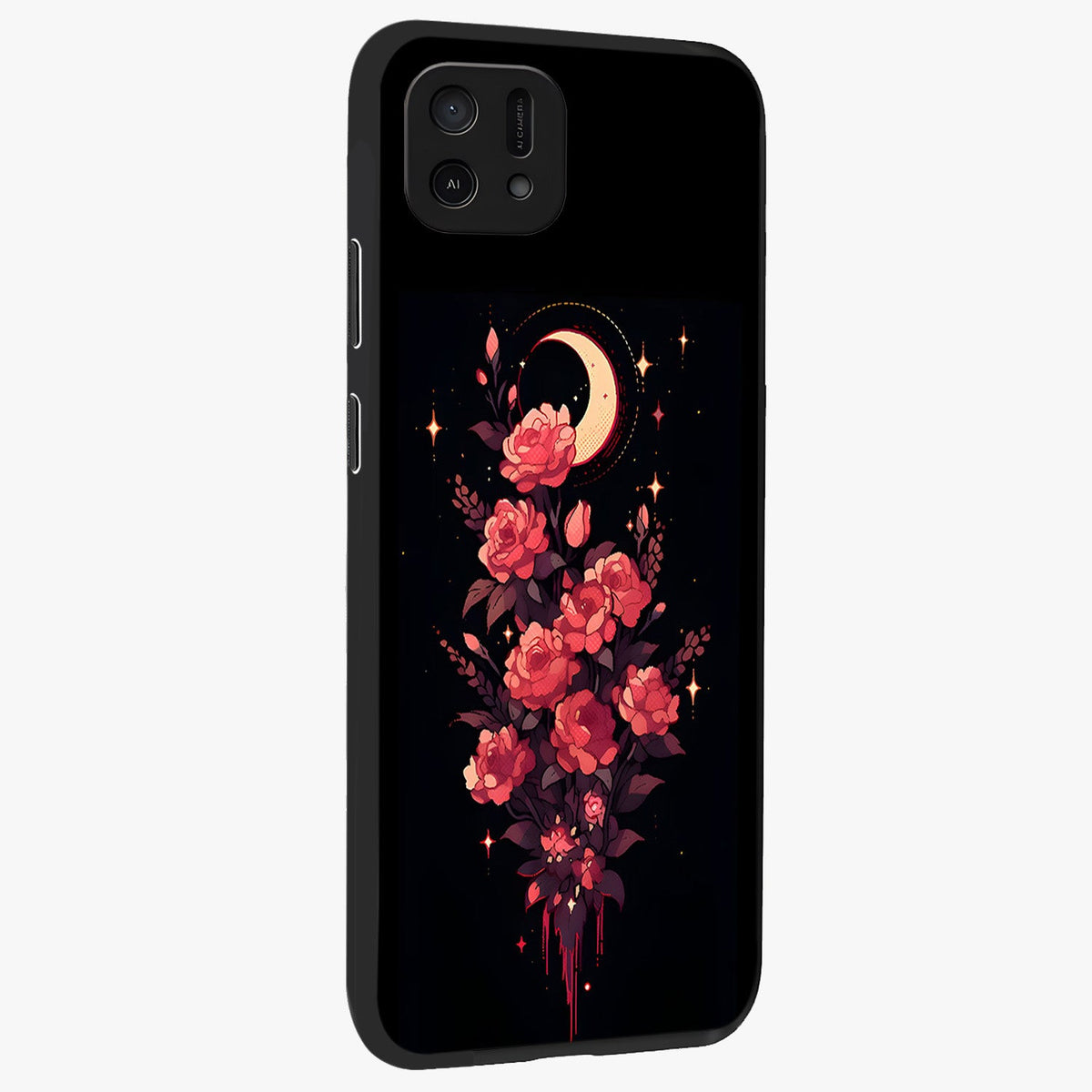Moonlit Floral Elegance Glass Case upright view showcasing delicate floral artwork with refined night inspired theme.