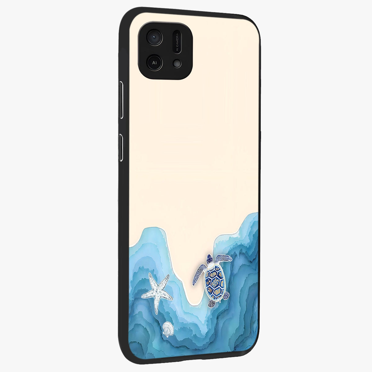 Ocean Drift Turtle Glass Case upright view showcasing calm underwater turtle artwork with nature inspired theme.