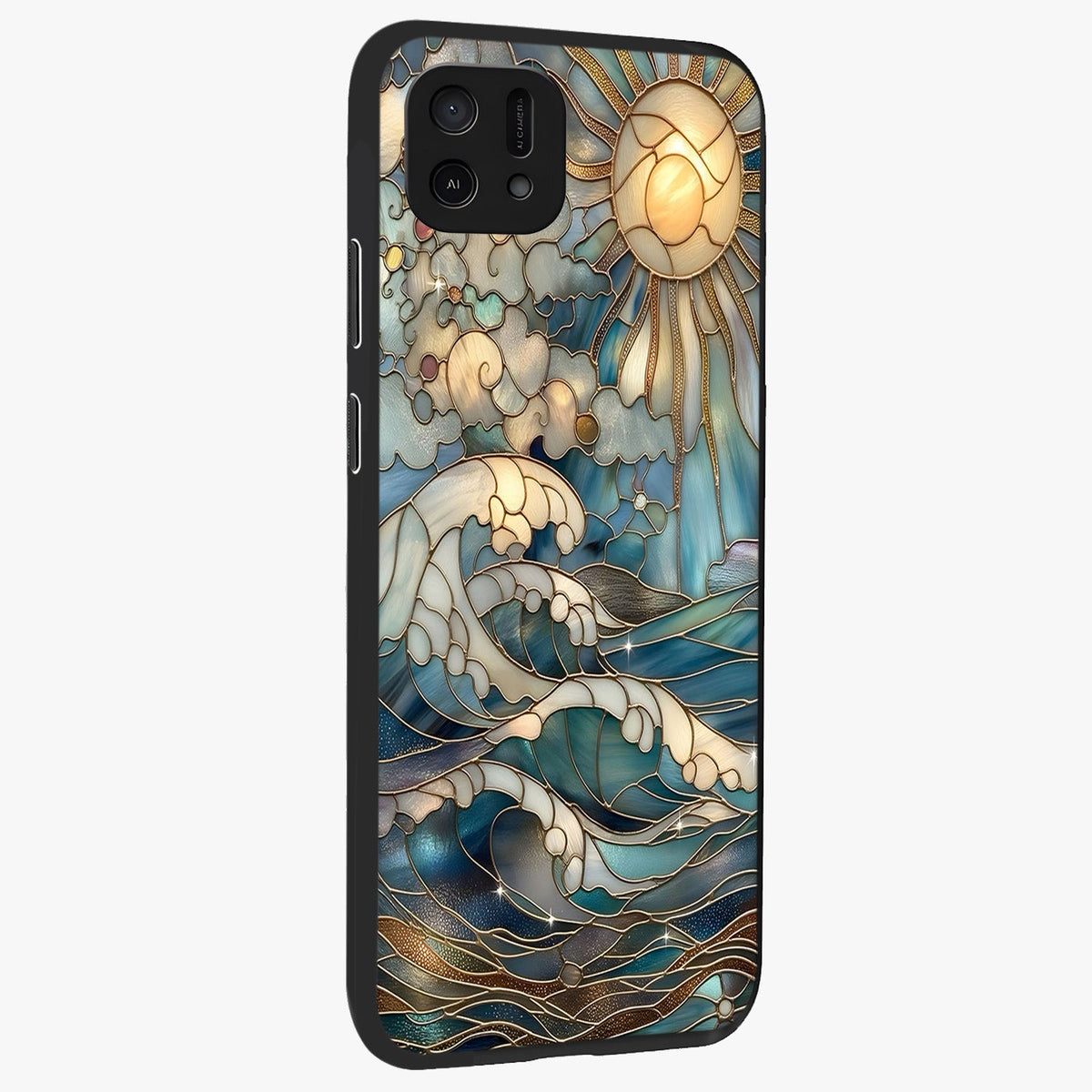 Oceanic Stained Printed Glass Case upright view showcasing decorative ocean pattern artwork with vibrant marine theme.