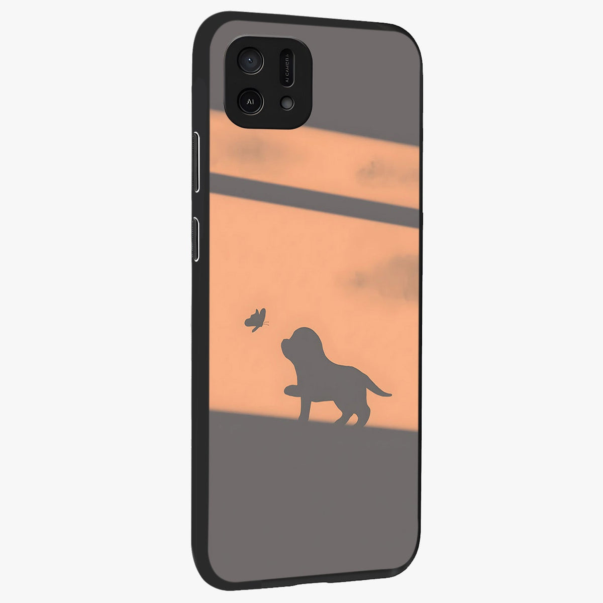Puppy Shadow Art Glass Case upright view showcasing charming puppy artwork with creative silhouette theme.