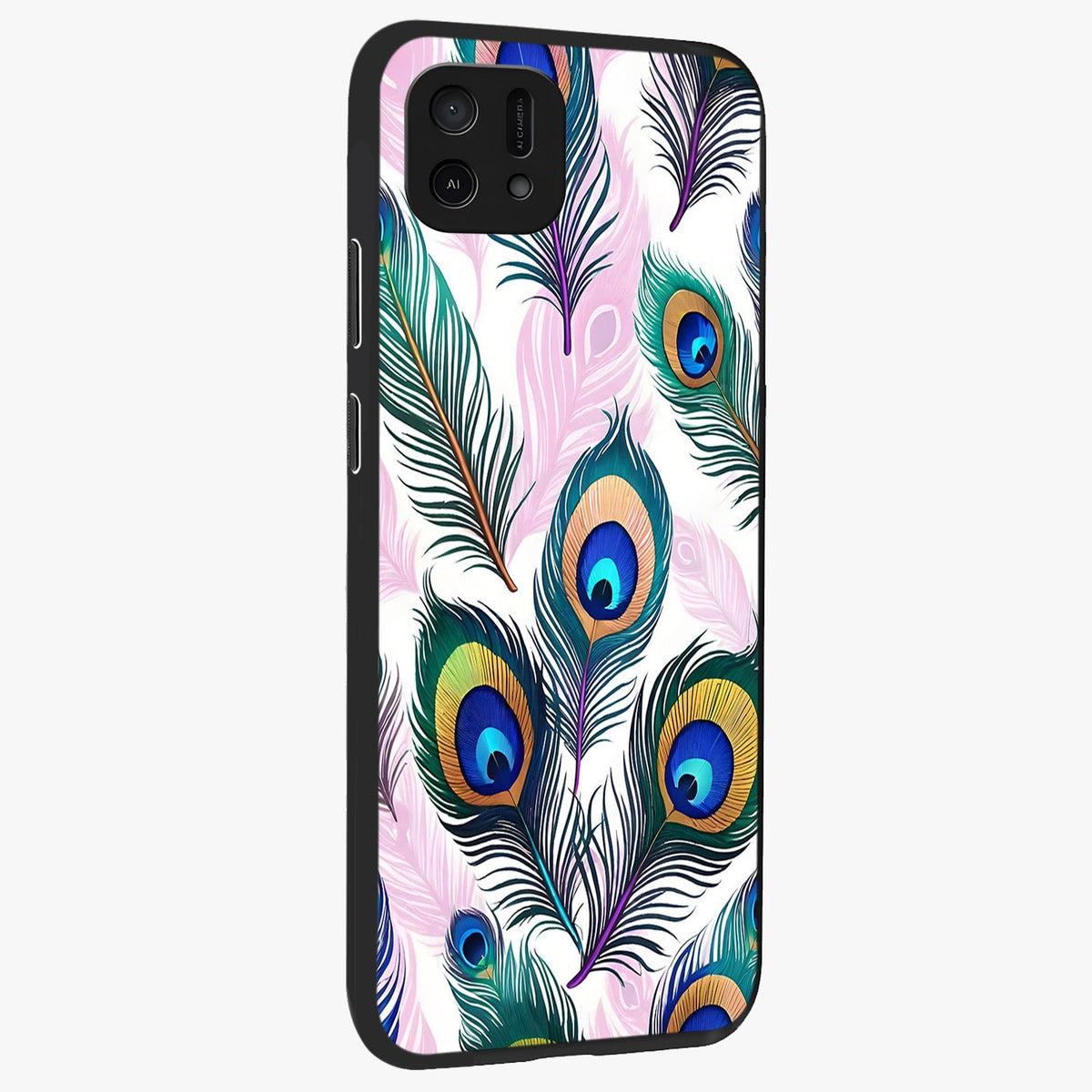 Royal Peacock Feathers Glass Case upright view showcasing elegant peacock feather artwork with decorative royal theme.