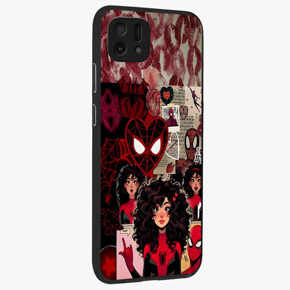 Spider Love Story Glass Case upright view showcasing charming superhero artwork with romantic comic theme.