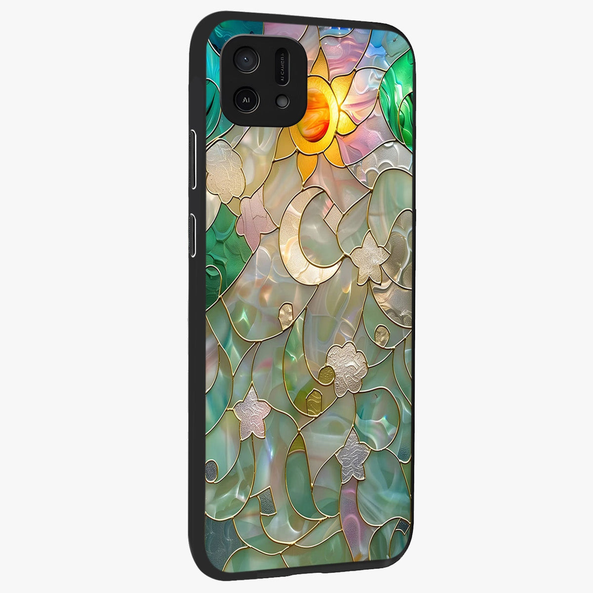 Stained Sunrise Glow Glass Case upright view showcasing colorful sunrise artwork with warm morning theme.