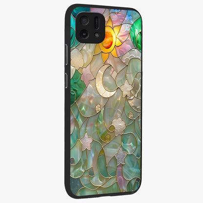 Stained Sunrise Glow Glass Case upright view showcasing colorful sunrise artwork with warm morning theme.