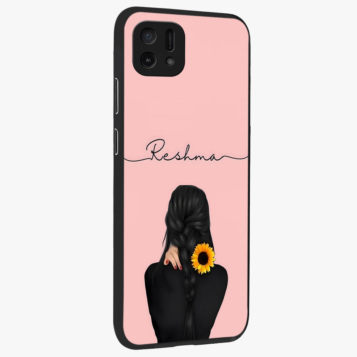 Sunflower Braid Beauty With Custom Name Glass Case upright view showcasing bright sunflower artwork with personalized floral aesthetic.