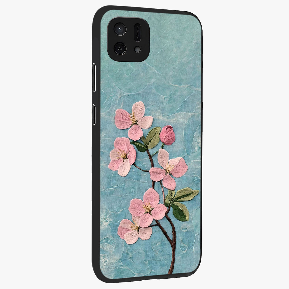 Threaded Blossom Breeze Glass Case upright view showcasing graceful flower artwork with calm botanical theme.