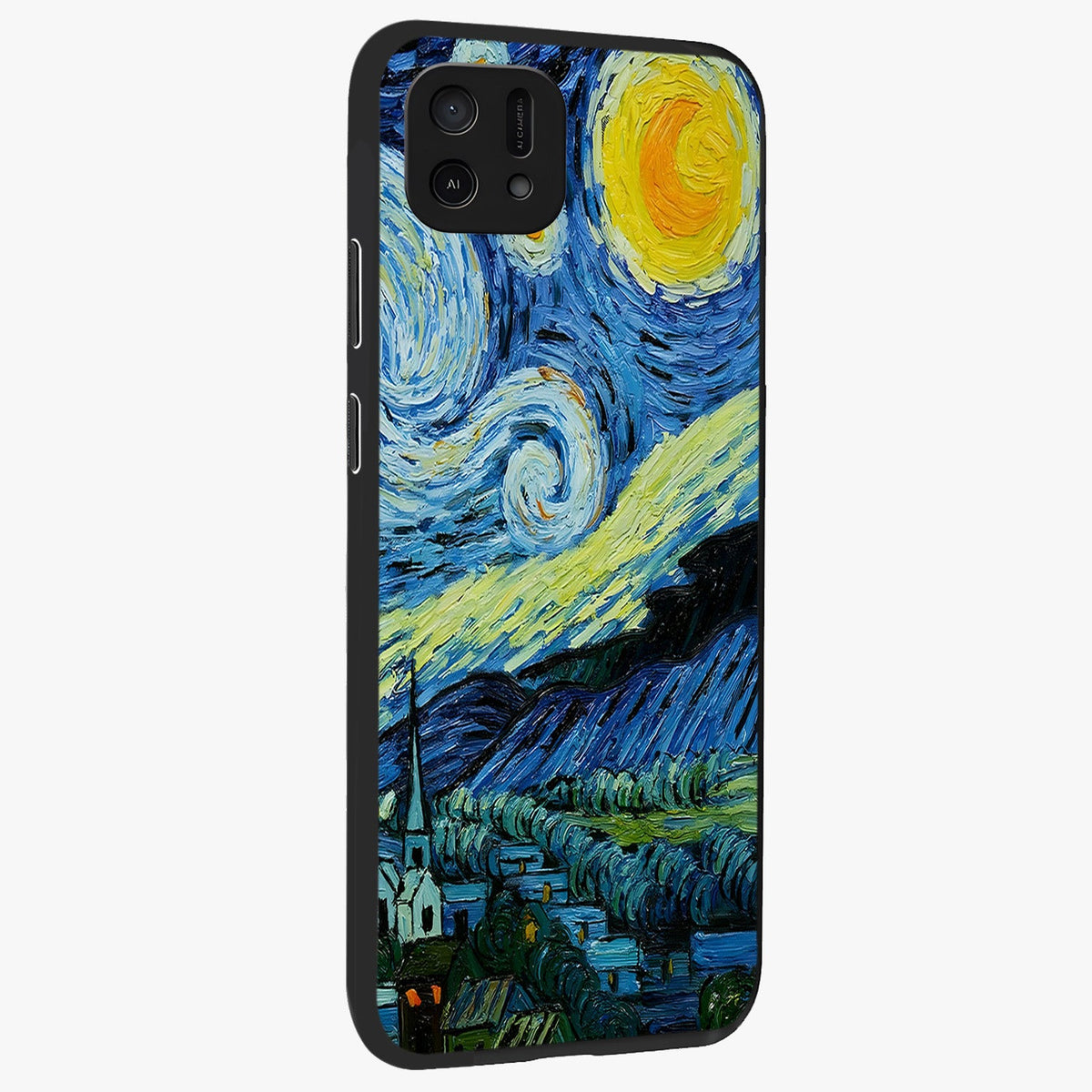 Van Gogh Art Glass Case upright view showcasing expressive painting style artwork with timeless artistic theme.