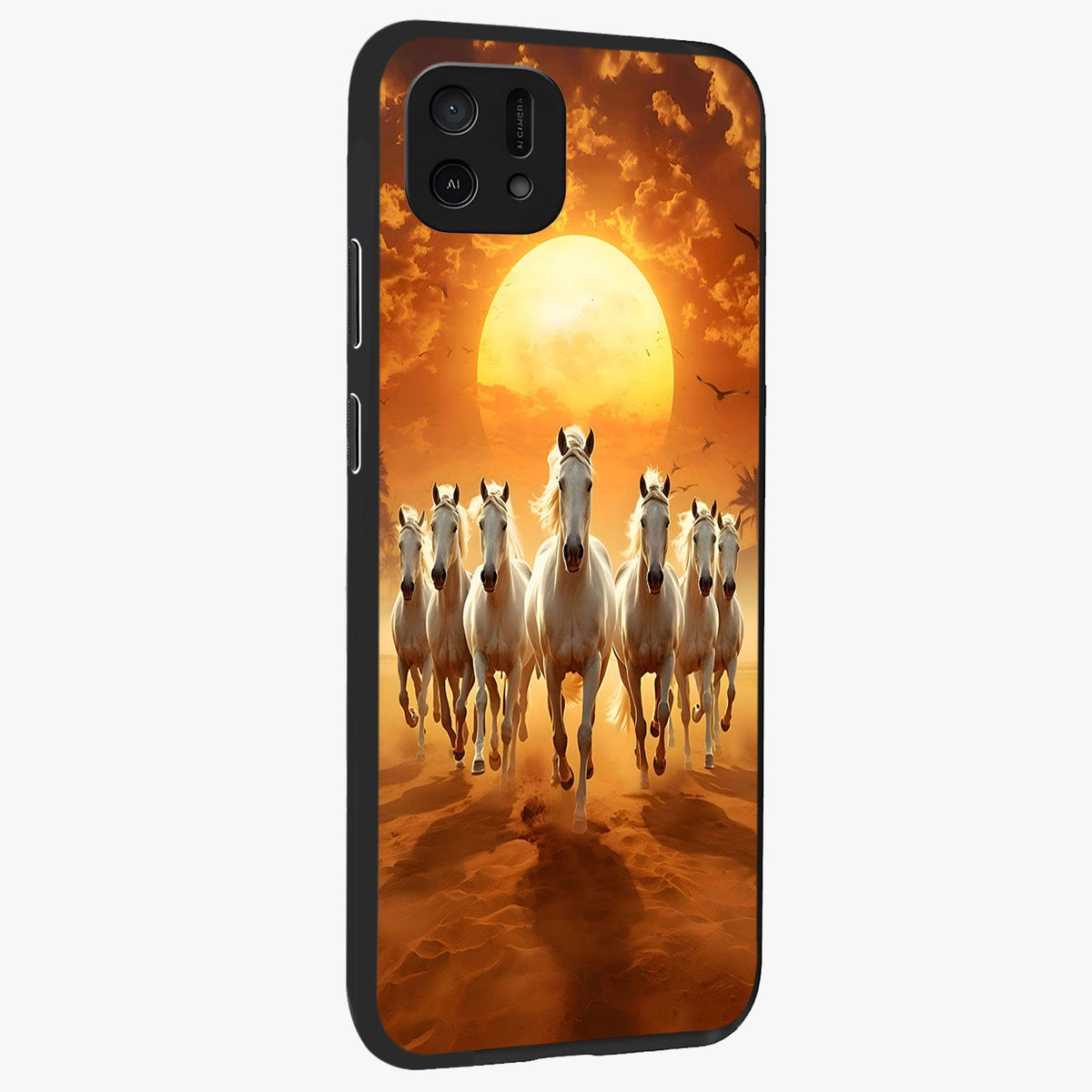 Wild Sunset Majesty Glass Case upright view showcasing dramatic sunset artwork with bold nature theme.