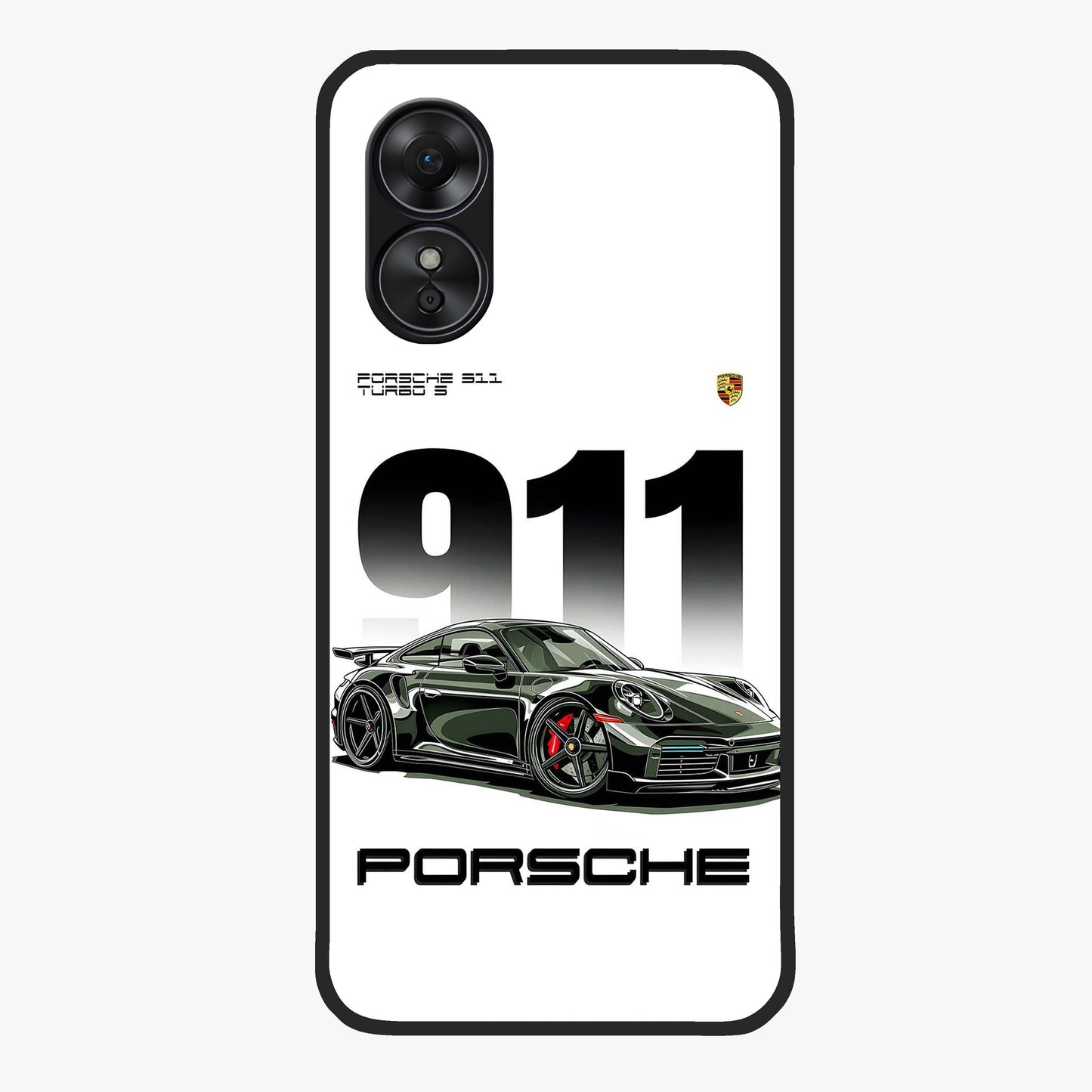 911 Turbo Dominance Glass Case showing clean flat back view with bold 911 sports car artwork and glossy glass finish.