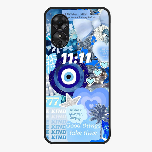 Aesthetic Be Kind Eye Glass Case showing flat back view with motivational eye artwork and glossy glass finish.