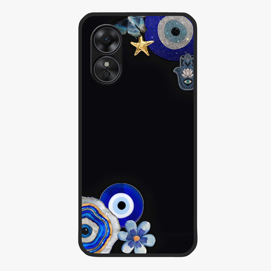 Aesthetic Blue Evil Eye Glass Case showing flat back view with protective evil eye artwork and glossy glass finish.