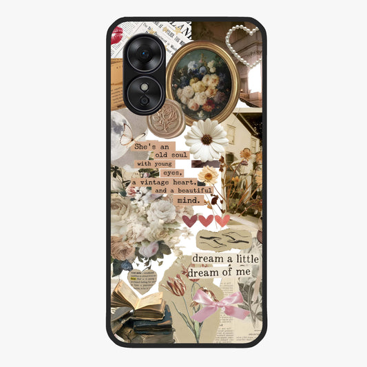 Aesthetic Brown Vintage Collage Glass Case showing flat back view with retro collage artwork and glossy glass finish.