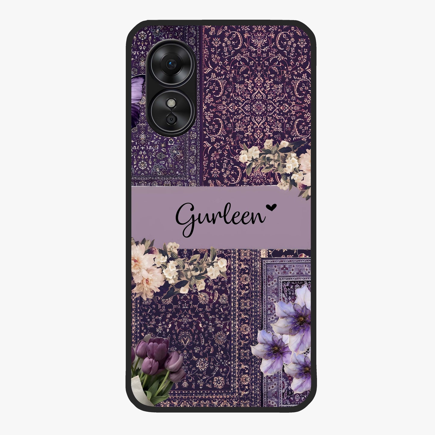 Antique Floral Whisper Custom Name Glass Case showing flat back view with vintage floral artwork and personalized name design.