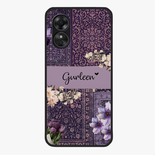 Antique Floral Whisper Custom Name Glass Case showing flat back view with vintage floral artwork and personalized name design.