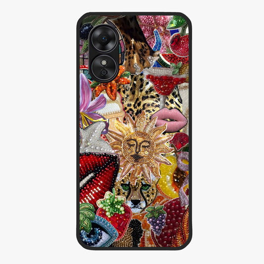 Beaded Fashion Jungle Glass Case showing flat back view with vibrant jungle inspired bead artwork and glossy glass finish.