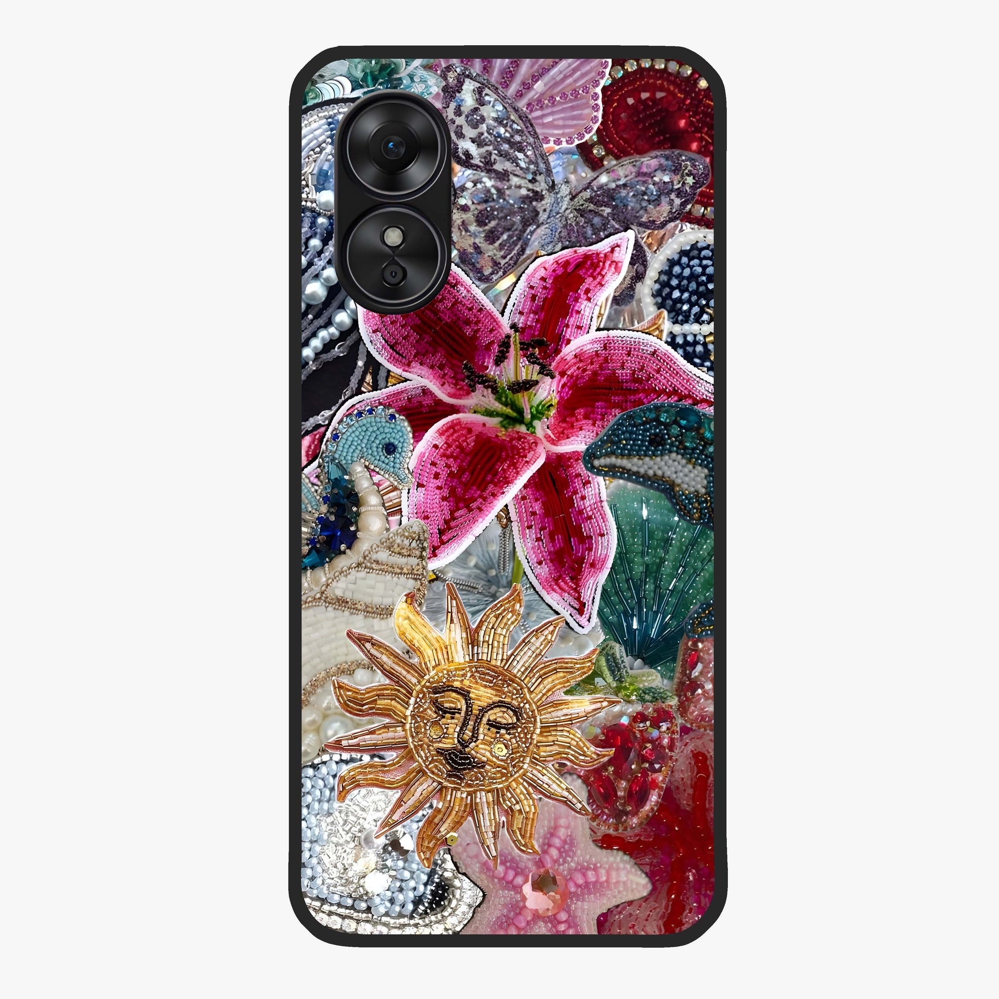 Beaded Garden Fantasy Glass Case showing flat back view with dreamy garden bead artwork and glossy glass finish.