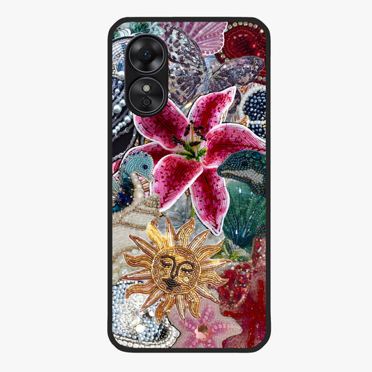 Beaded Garden Fantasy Glass Case showing flat back view with dreamy garden bead artwork and glossy glass finish.