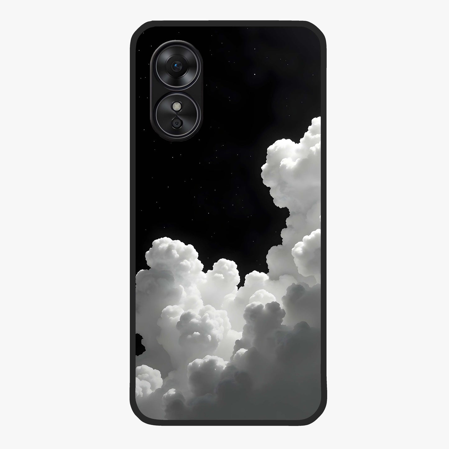 Black Background With White Cloud Glass Case showing flat back view with minimal cloud artwork on dark background and glossy glass finish.