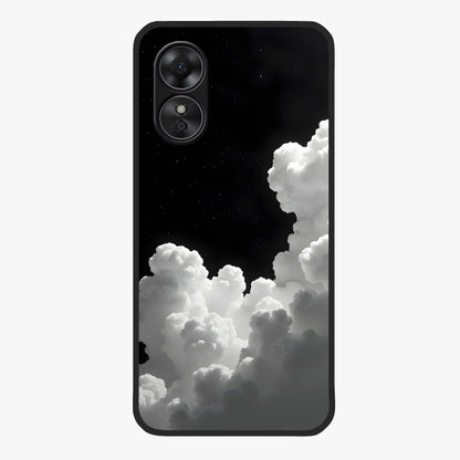 Black Background With White Cloud Glass Case showing flat back view with minimal cloud artwork on dark background and glossy glass finish.