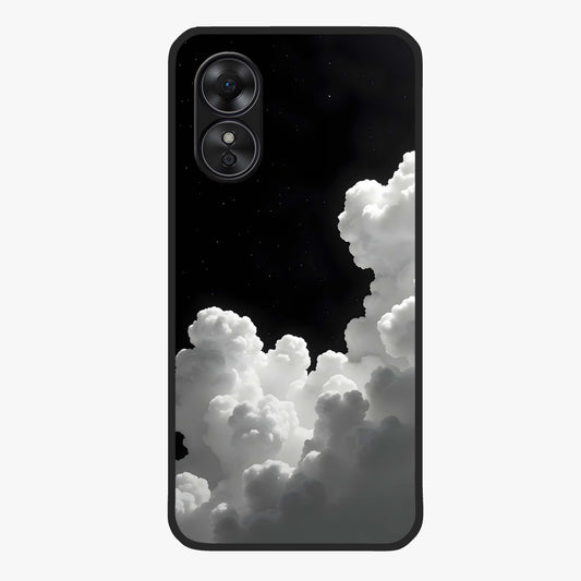 Black Background With White Cloud Glass Case showing flat back view with minimal cloud artwork on dark background and glossy glass finish.