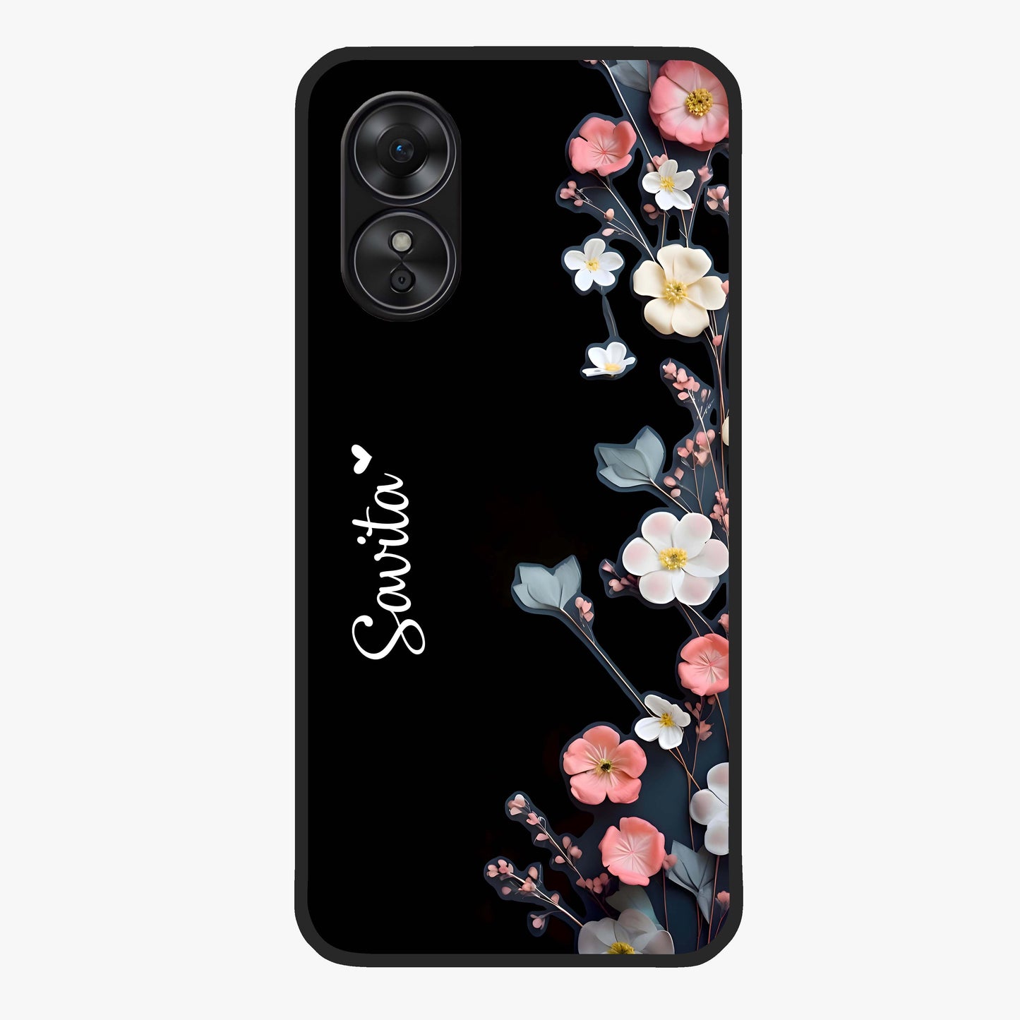 Black Elegance Floral Custom Name Glass Case showing flat back view with elegant floral artwork and personalized name design.