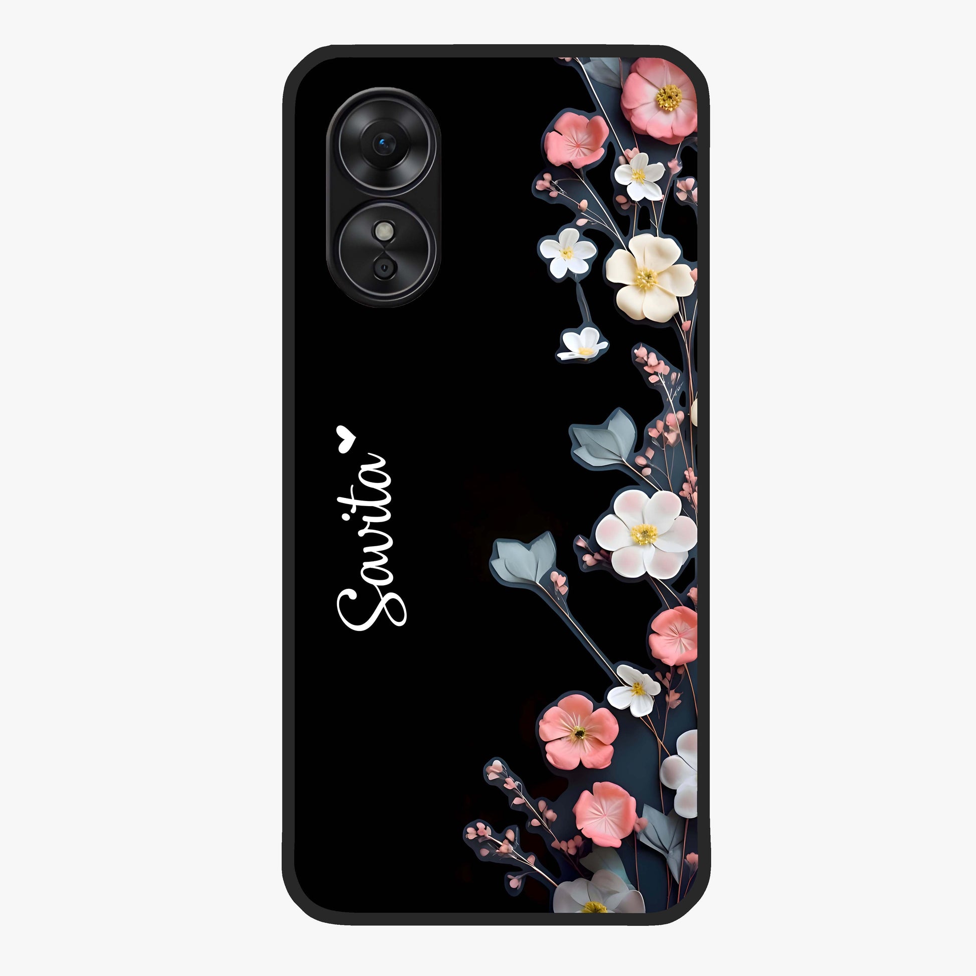 Black Elegance Floral Custom Name Glass Case showing flat back view with elegant floral artwork and personalized name design.