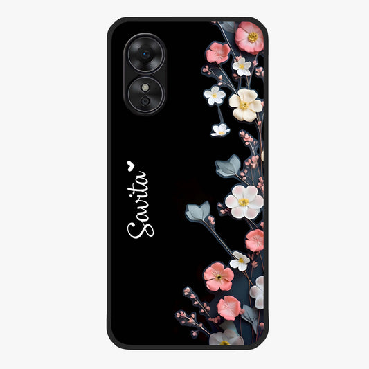 Black Elegance Floral Custom Name Glass Case showing flat back view with elegant floral artwork and personalized name design.