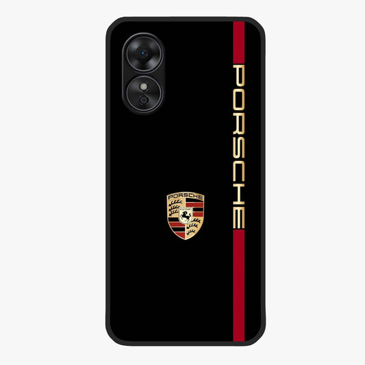 Black Minimal Porsche Glass Case showing flat back view with sleek minimal sports car artwork and glossy glass finish.