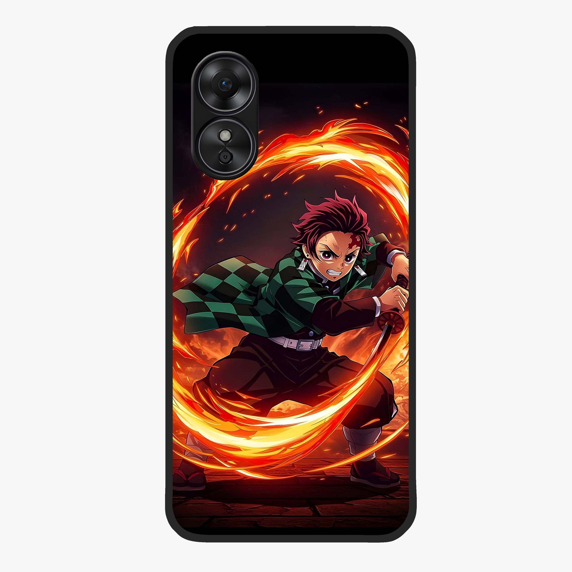 Blazing Sword Resolve Glass Case showing flat back view with fiery sword artwork and glossy glass finish.