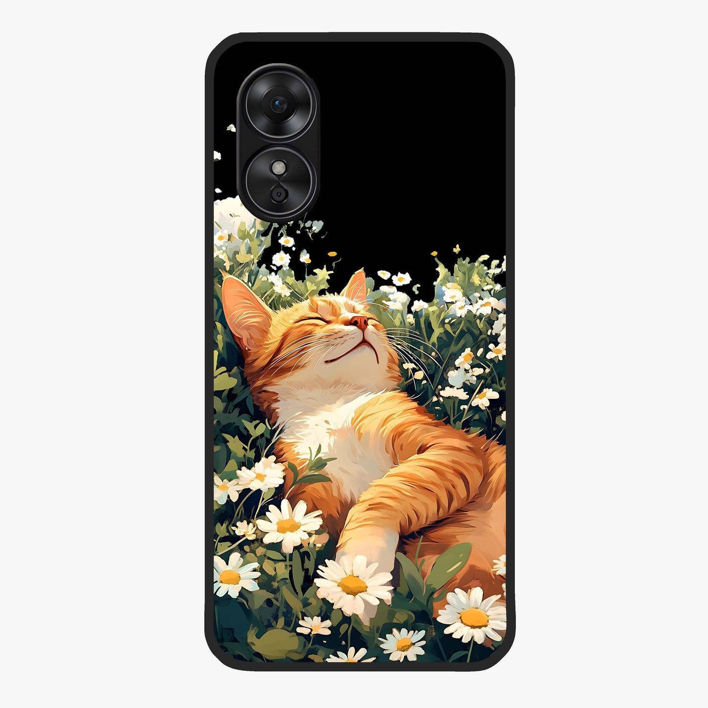 Blissful Bloom Cat Glass Case showing flat back view with cute cat and floral bloom artwork and glossy glass finish.