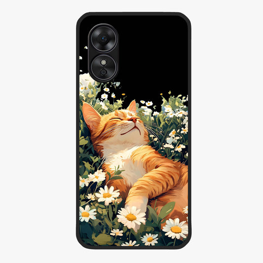 Blissful Bloom Cat Glass Case showing flat back view with cute cat and floral bloom artwork and glossy glass finish.