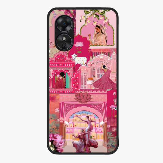 Blossoms of Rajasthan Glass Case showing flat back view with traditional floral artwork inspired by Rajasthan and glossy glass finish.