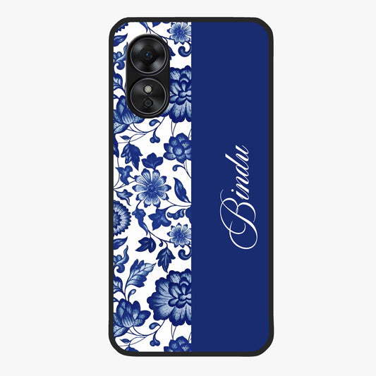 Blue Vintage Floral Pattern Glass Case upright view showcasing timeless floral illustration with vintage inspired style.