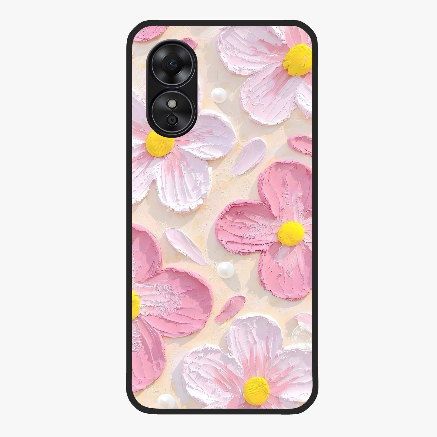 Blush Bloom Texture Glass Case showing flat back view with soft blush floral texture artwork and glossy glass finish.