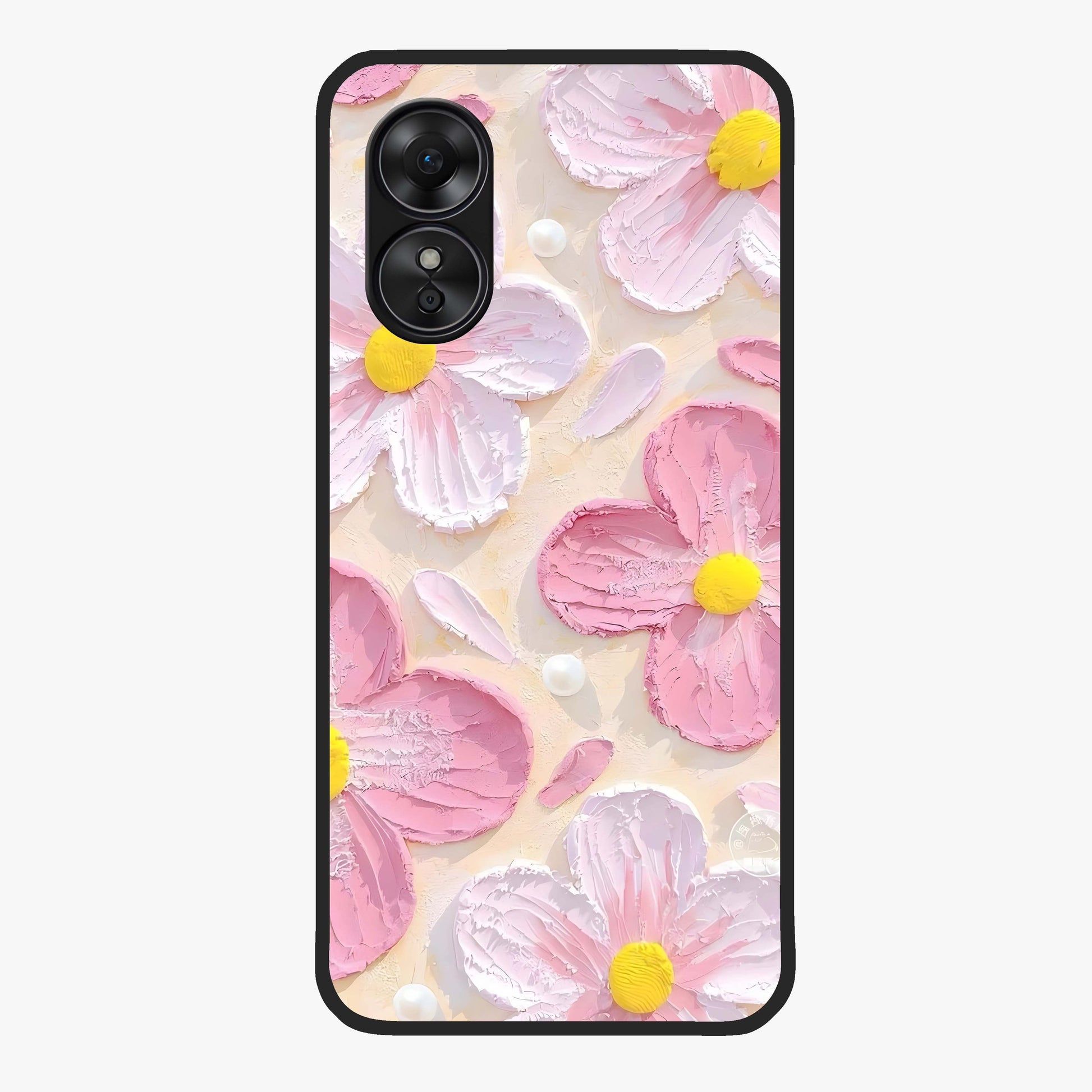 Blush Bloom Texture Glass Case showing flat back view with soft blush floral texture artwork and glossy glass finish.