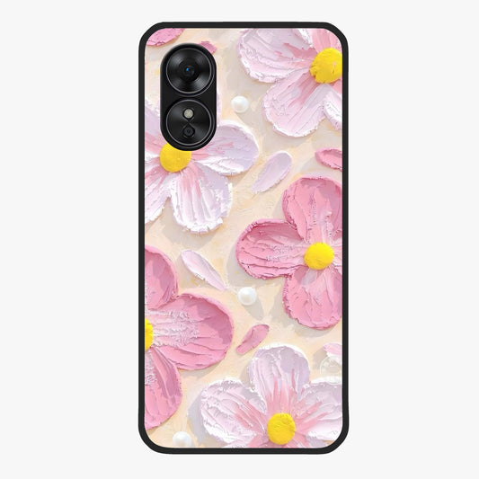 Blush Bloom Texture Glass Case showing flat back view with soft blush floral texture artwork and glossy glass finish.