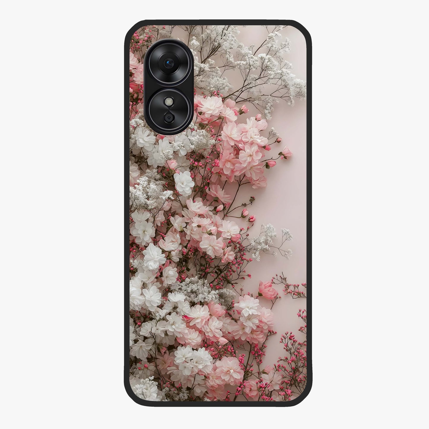 Blush Blossom Cloud Glass Case showing flat back view with dreamy blush cloud blossom artwork and glossy glass finish.