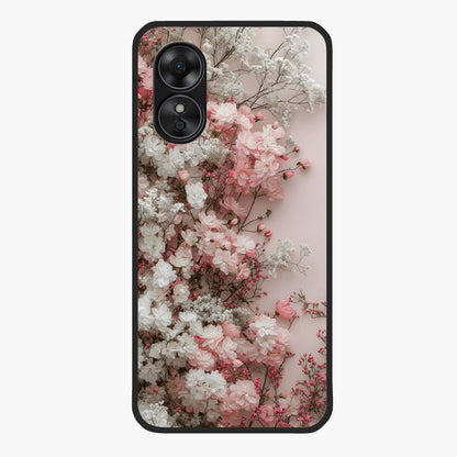 Blush Blossom Cloud Glass Case showing flat back view with dreamy blush cloud blossom artwork and glossy glass finish.
