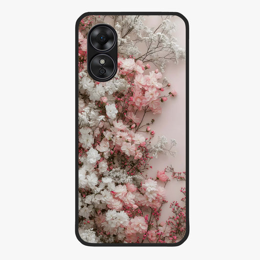 Blush Blossom Cloud Glass Case showing flat back view with dreamy blush cloud blossom artwork and glossy glass finish.